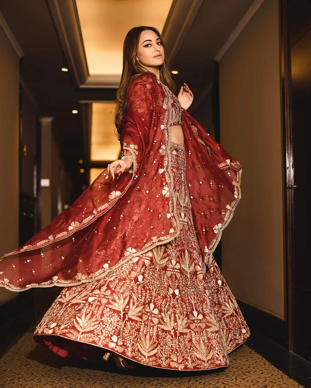 Sonakshi Sinha Wearing Beautiful Earrings Jewellery Maroon Gown